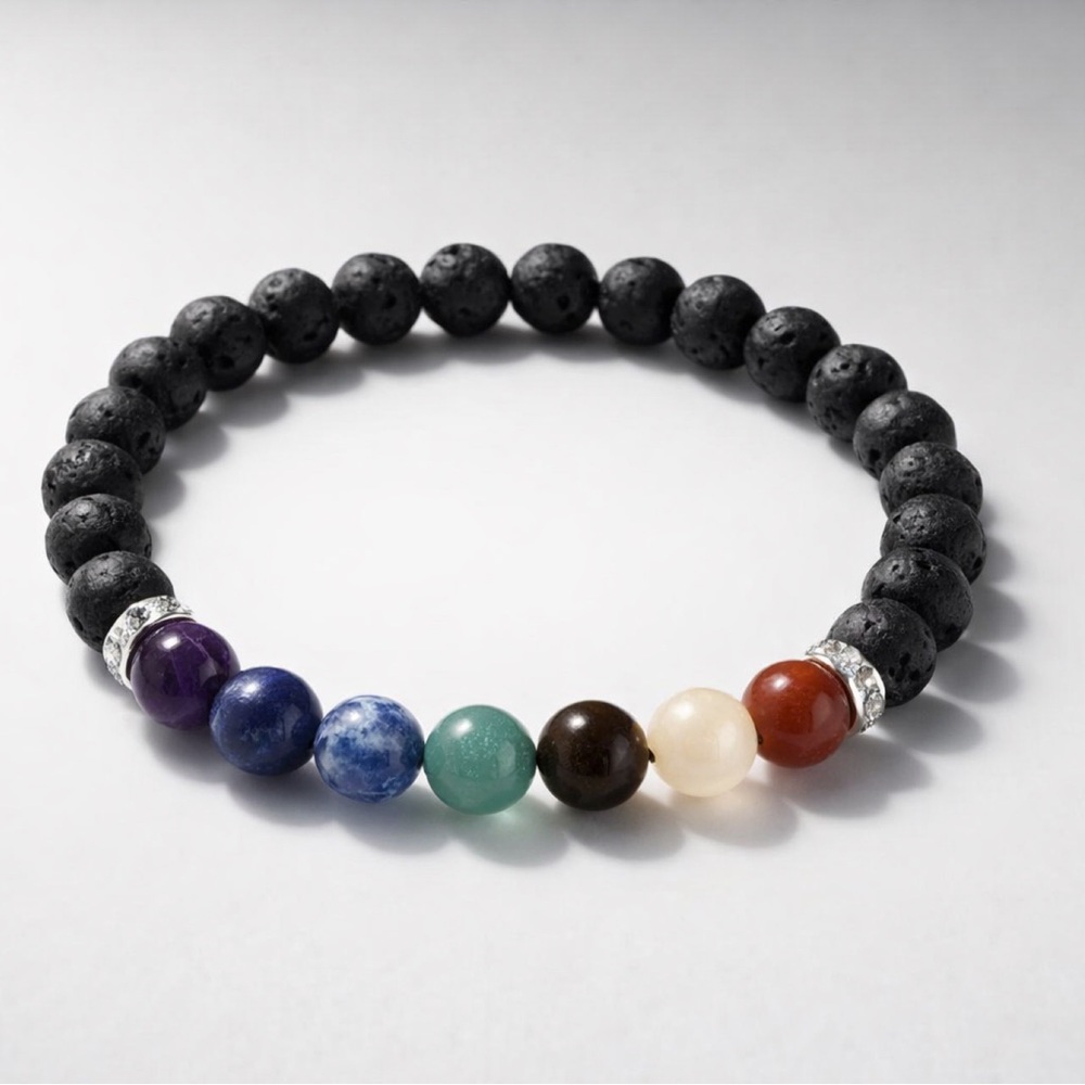 Chakra Gemstone & Lava Stone Diffuser Bracelet Balance, Grounding Stress Relief